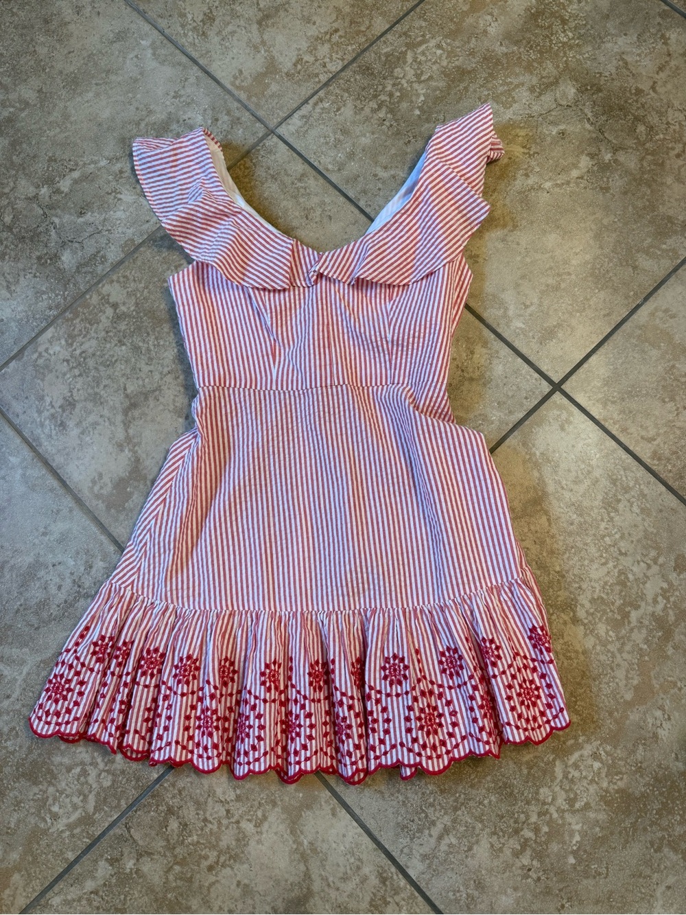 BCBG Red & White Striped Ruffle Hem Dress